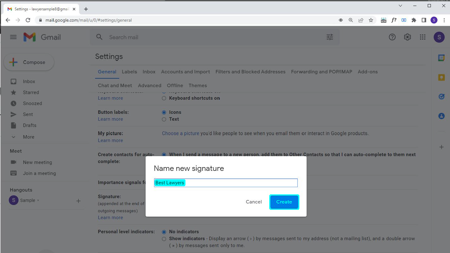 Image demonstrating where the Google Mail signature options are